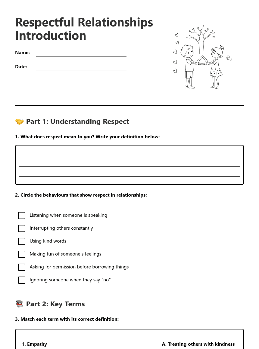 Respectful Relationships Introduction worksheet preview