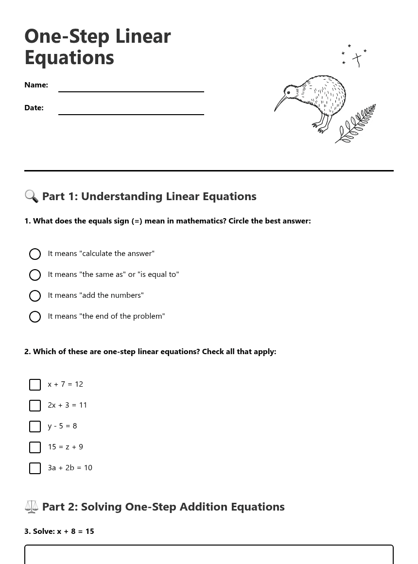 One-Step Linear Equations worksheet preview