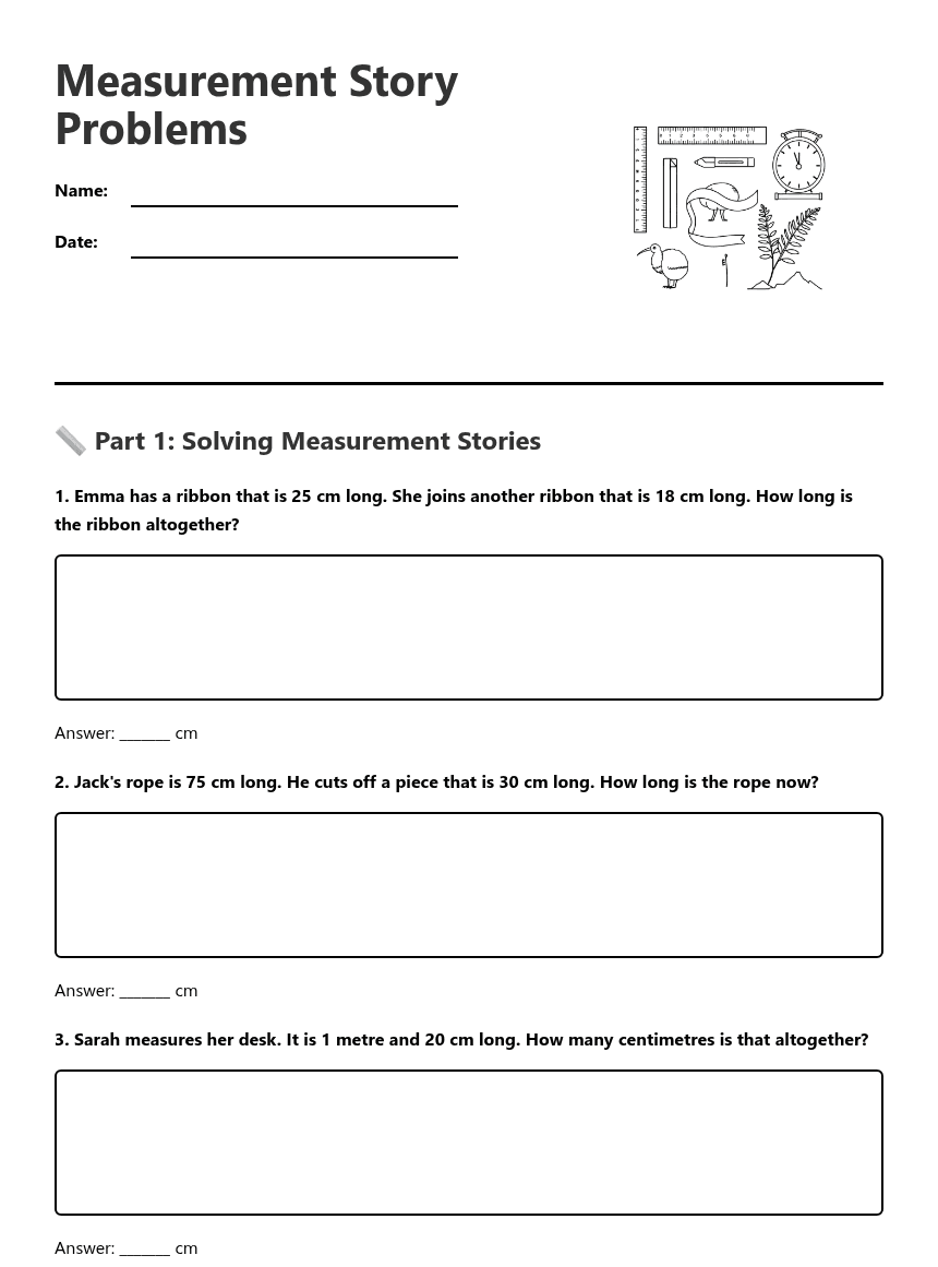 Measurement Story Problems worksheet preview