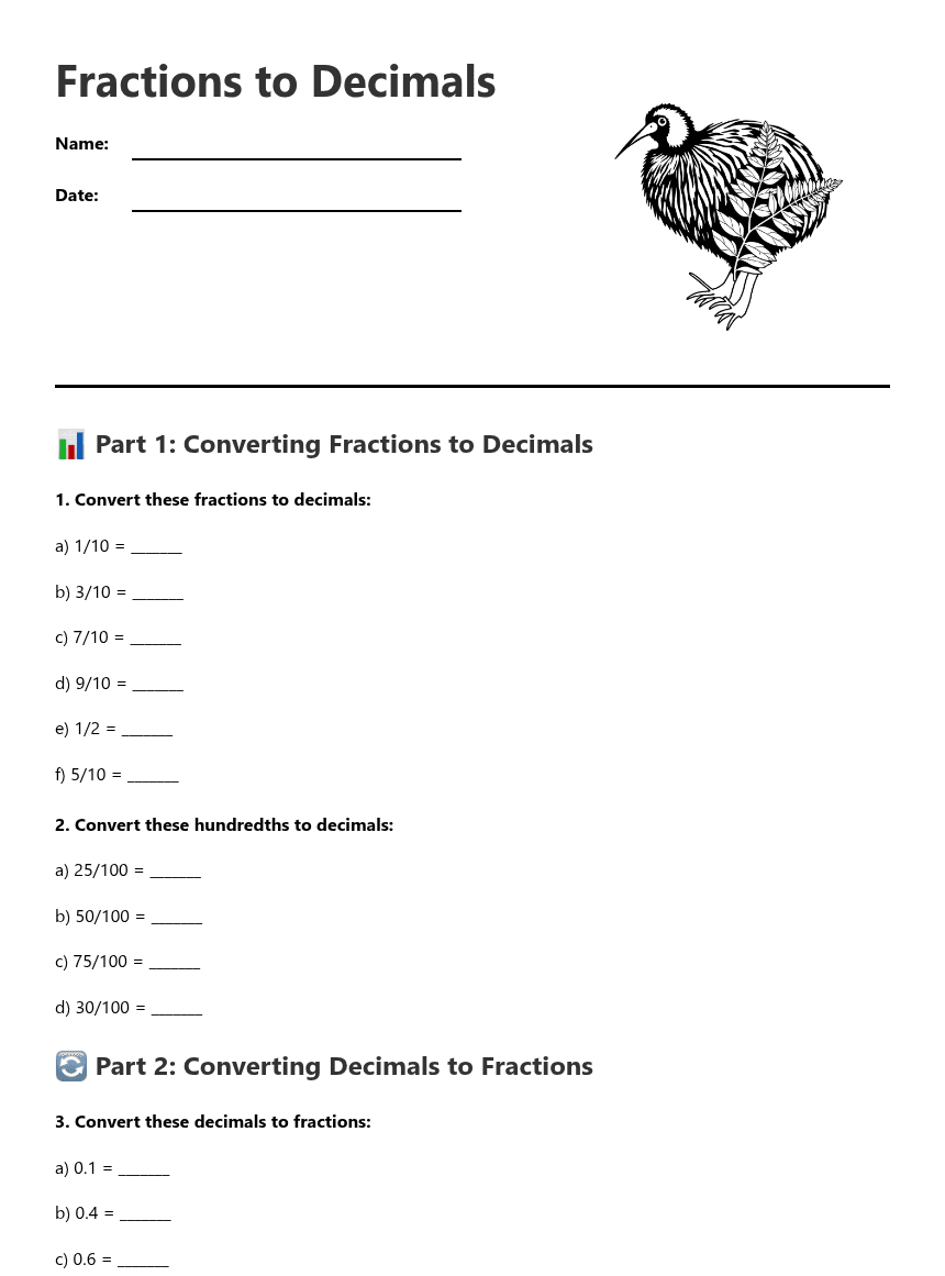 Fractions to Decimals worksheet preview