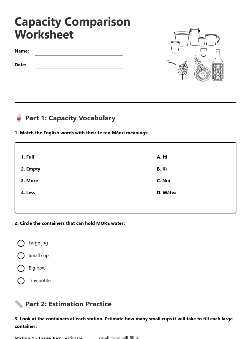 Capacity Comparison Worksheet worksheet preview