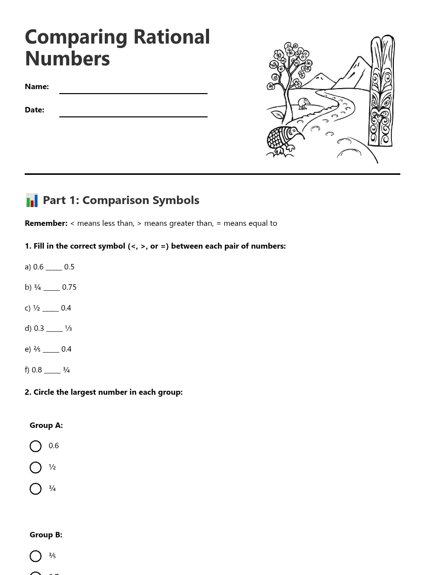 Comparing Rational Numbers worksheet preview