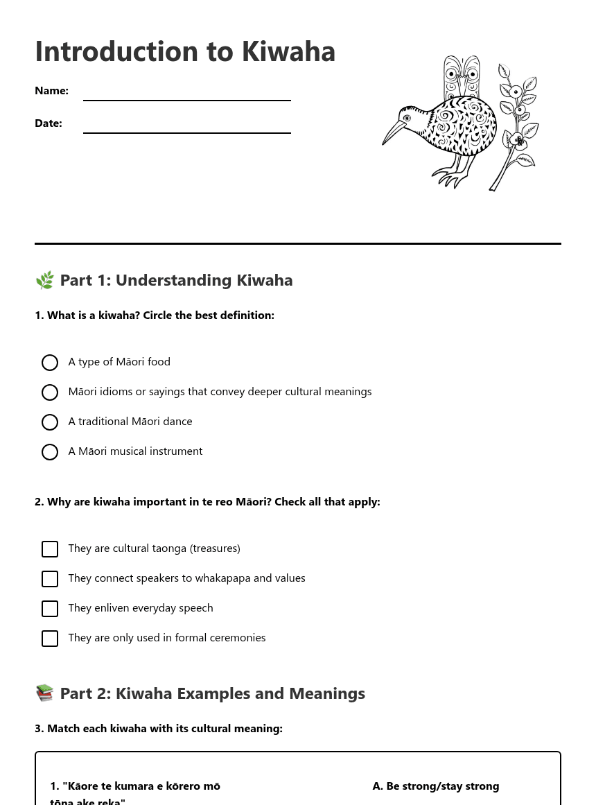 Introduction to Kiwaha worksheet preview