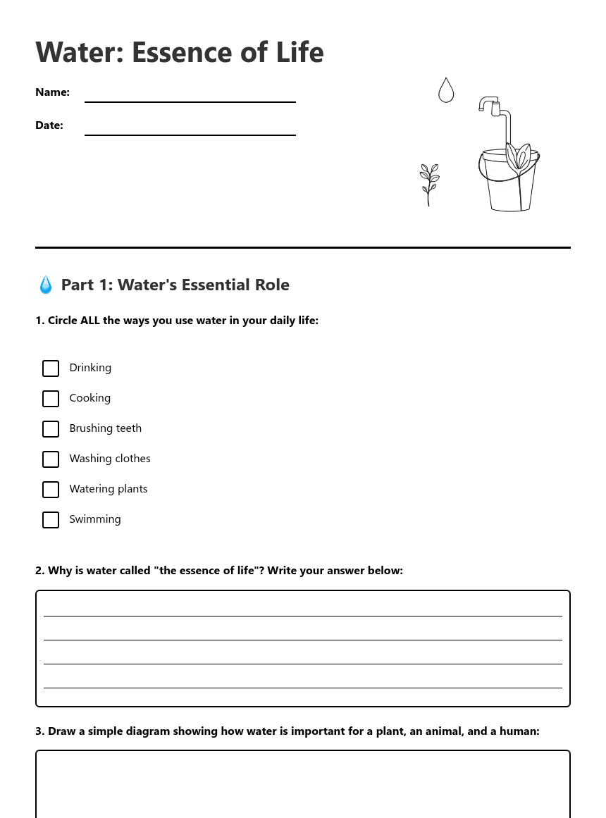Water: Essence of Life worksheet preview