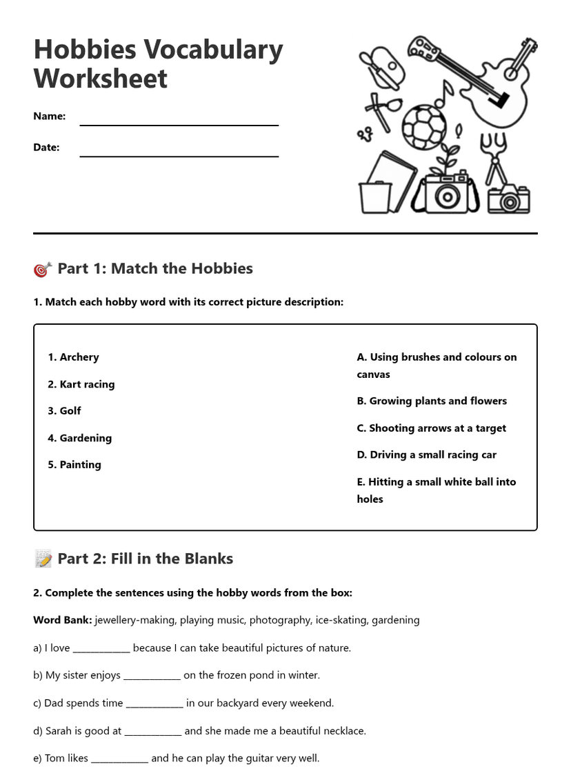 Hobbies Vocabulary Worksheet