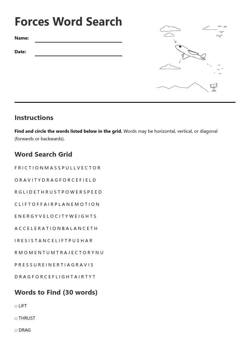 Forces Word Search worksheet preview