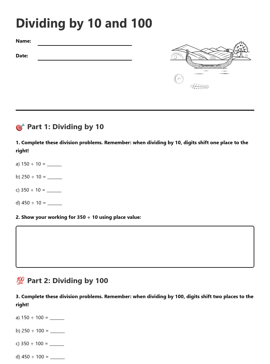 Dividing by 10 and 100 worksheet preview