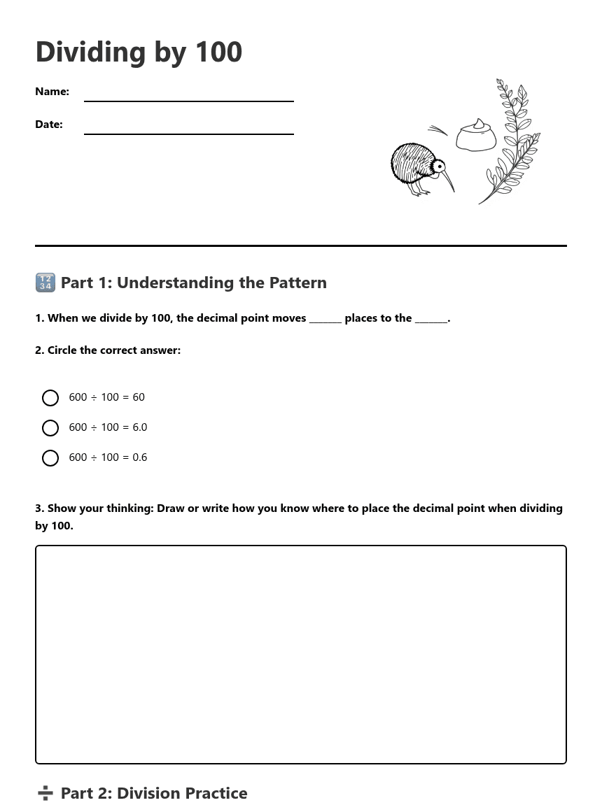 Dividing by 100 worksheet preview