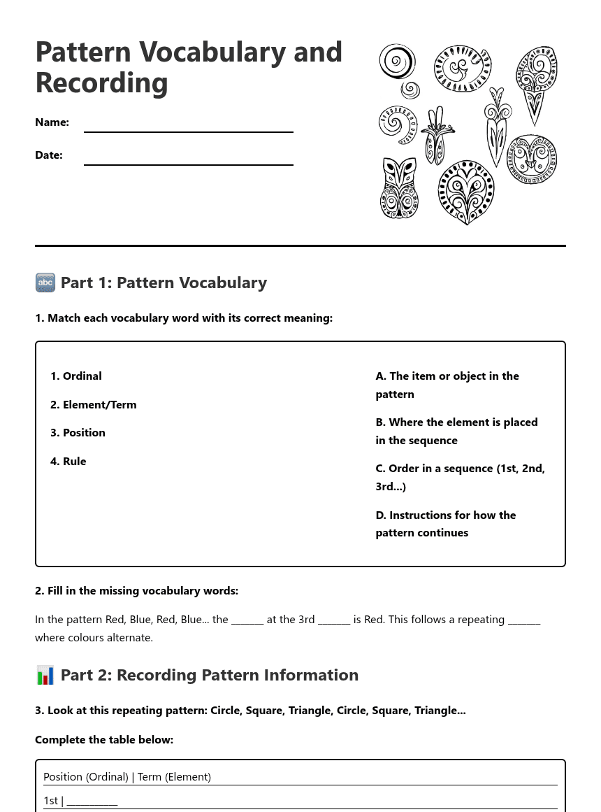 Pattern Vocabulary and Recording worksheet preview