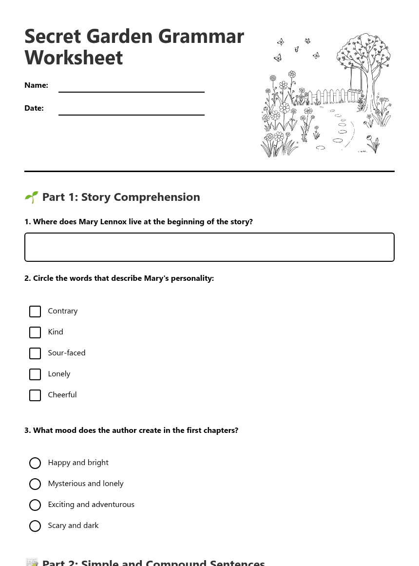 Secret Garden Grammar Worksheet worksheet preview