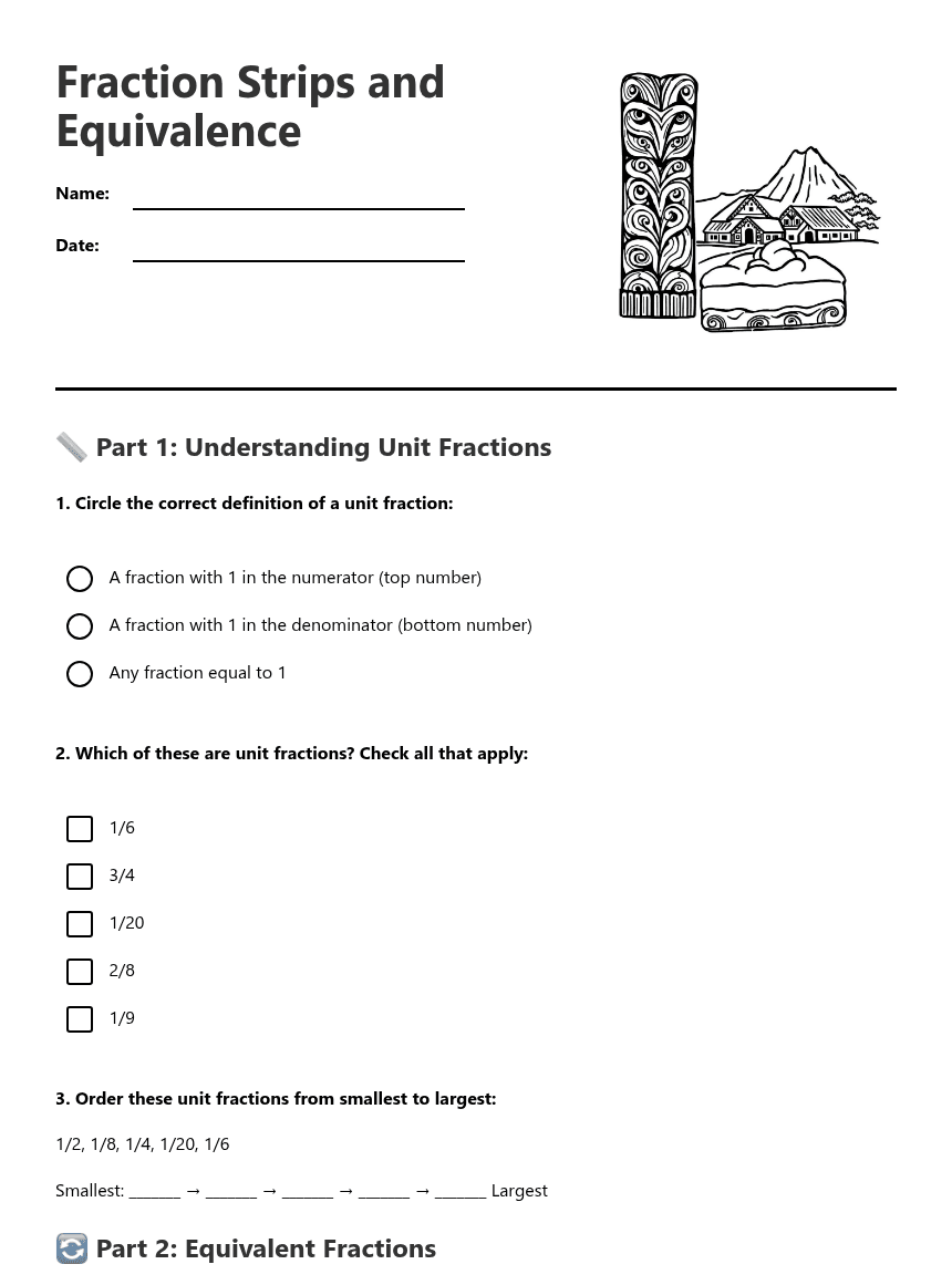 Fraction Strips and Equivalence worksheet preview