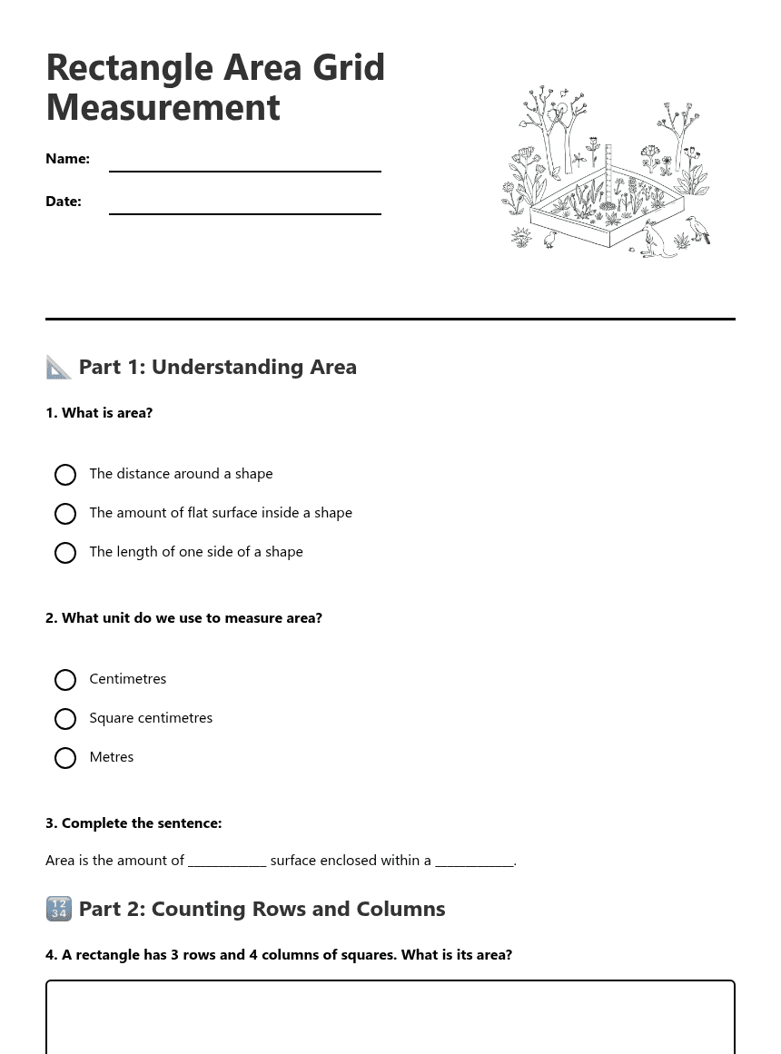 Rectangle Area Grid Measurement worksheet preview