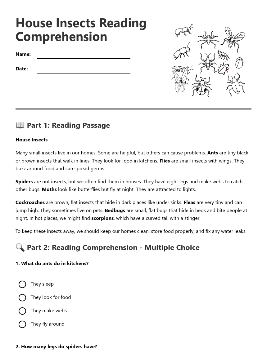 House Insects Reading Comprehension worksheet preview