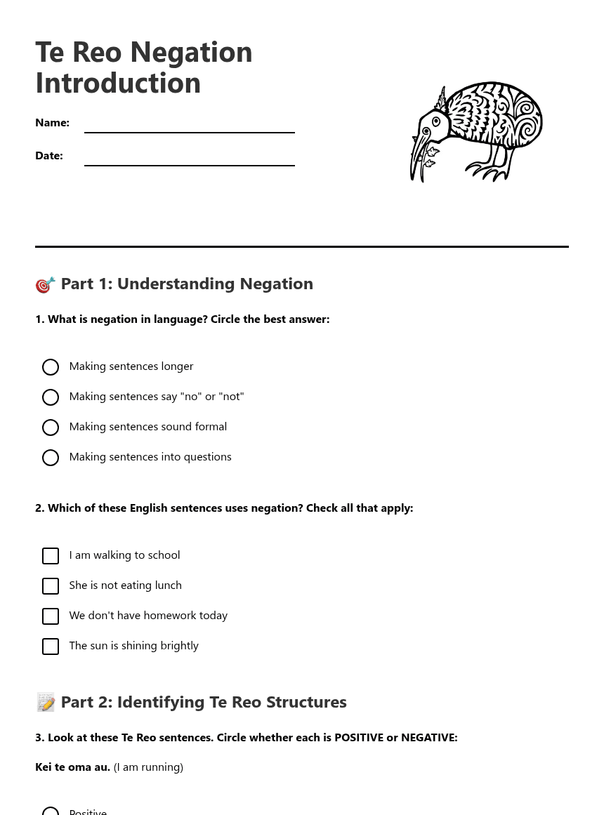 Te Reo Negation Introduction worksheet preview