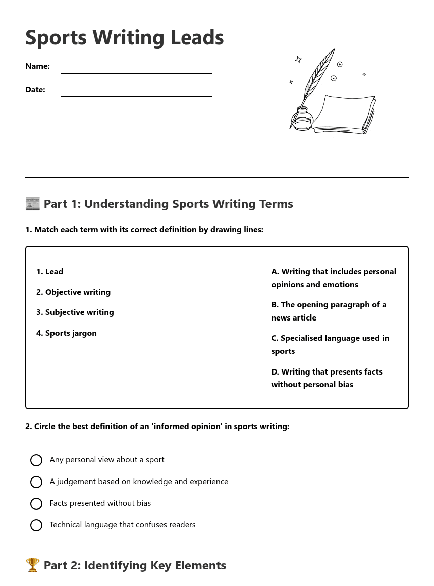 Sports Writing Leads worksheet preview