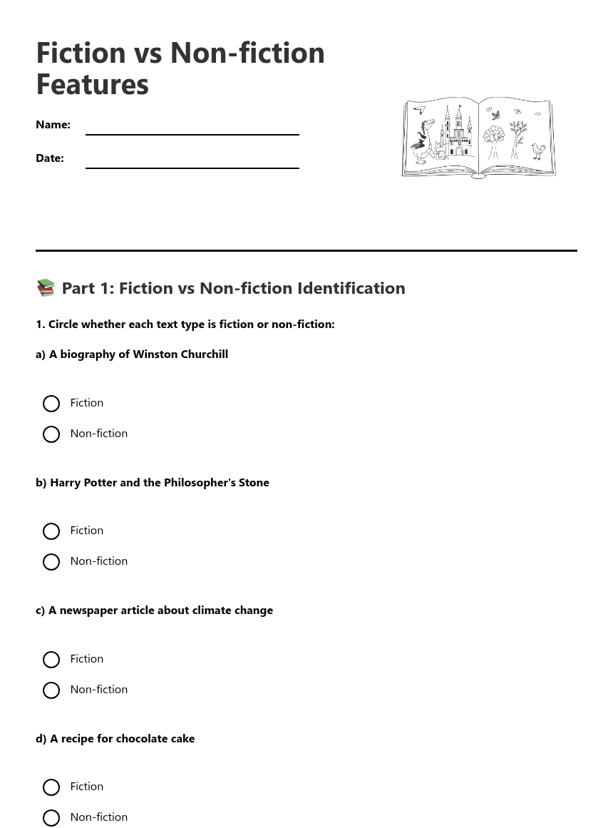 Fiction vs Non-fiction Features worksheet preview