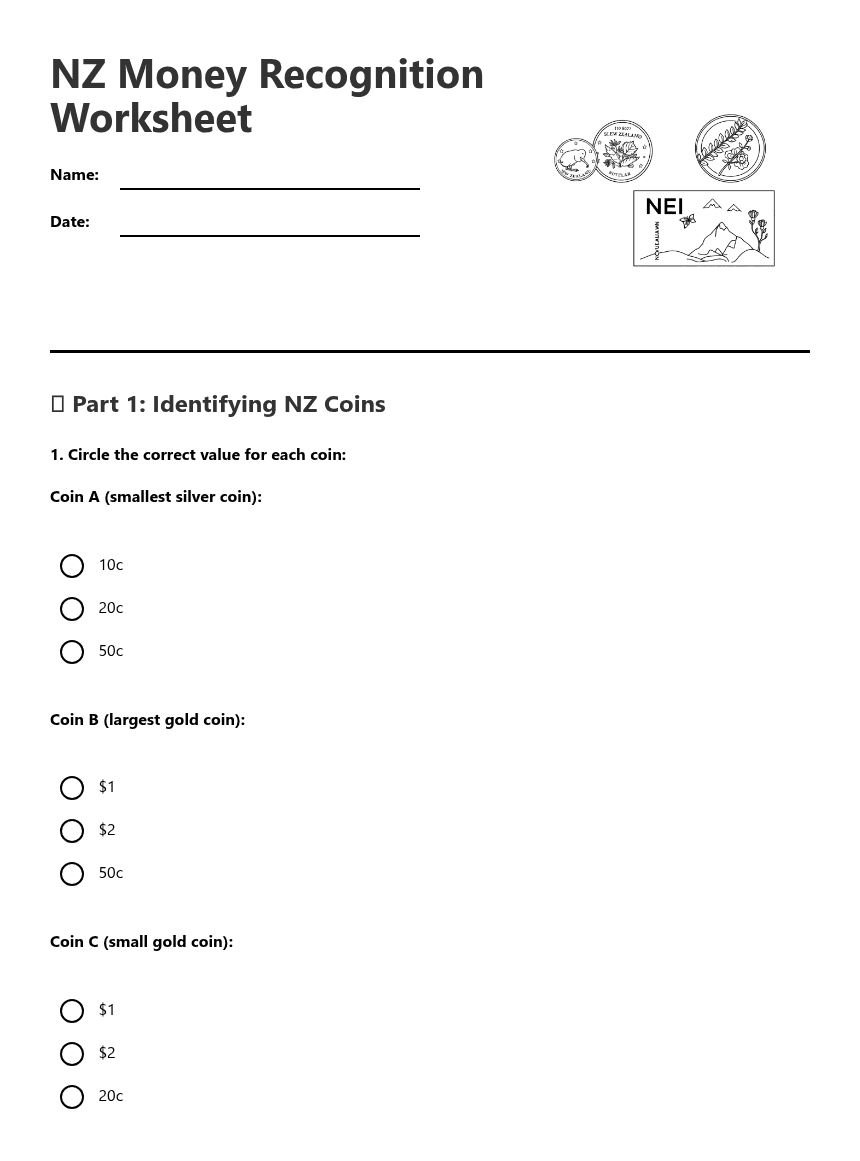 NZ Money Recognition Worksheet worksheet preview