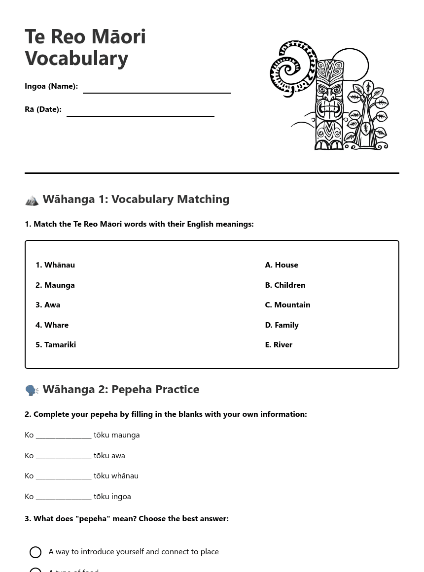 Te Reo Māori Vocabulary worksheet preview