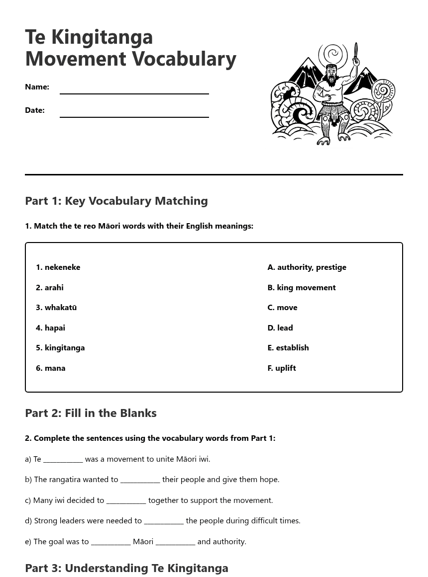 Te Kingitanga Movement Vocabulary worksheet preview