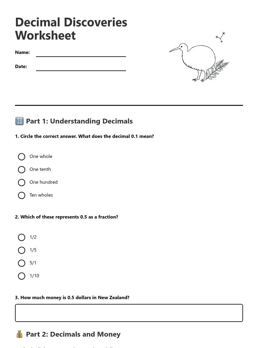 Decimal Discoveries Worksheet worksheet preview
