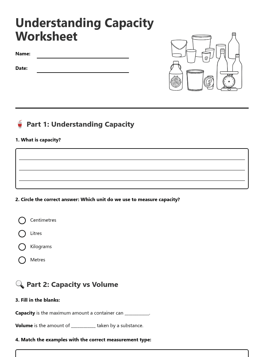 Understanding Capacity Worksheet worksheet preview