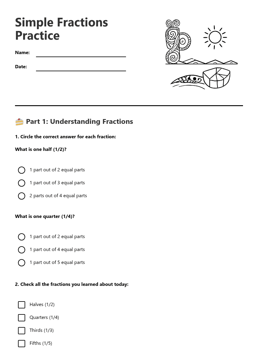 Simple Fractions Practice worksheet preview
