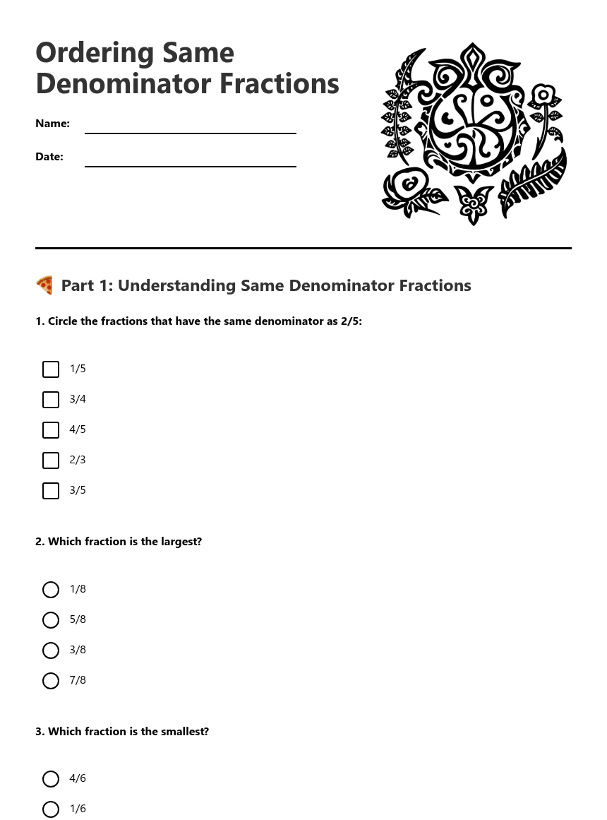 Ordering Same Denominator Fractions worksheet preview