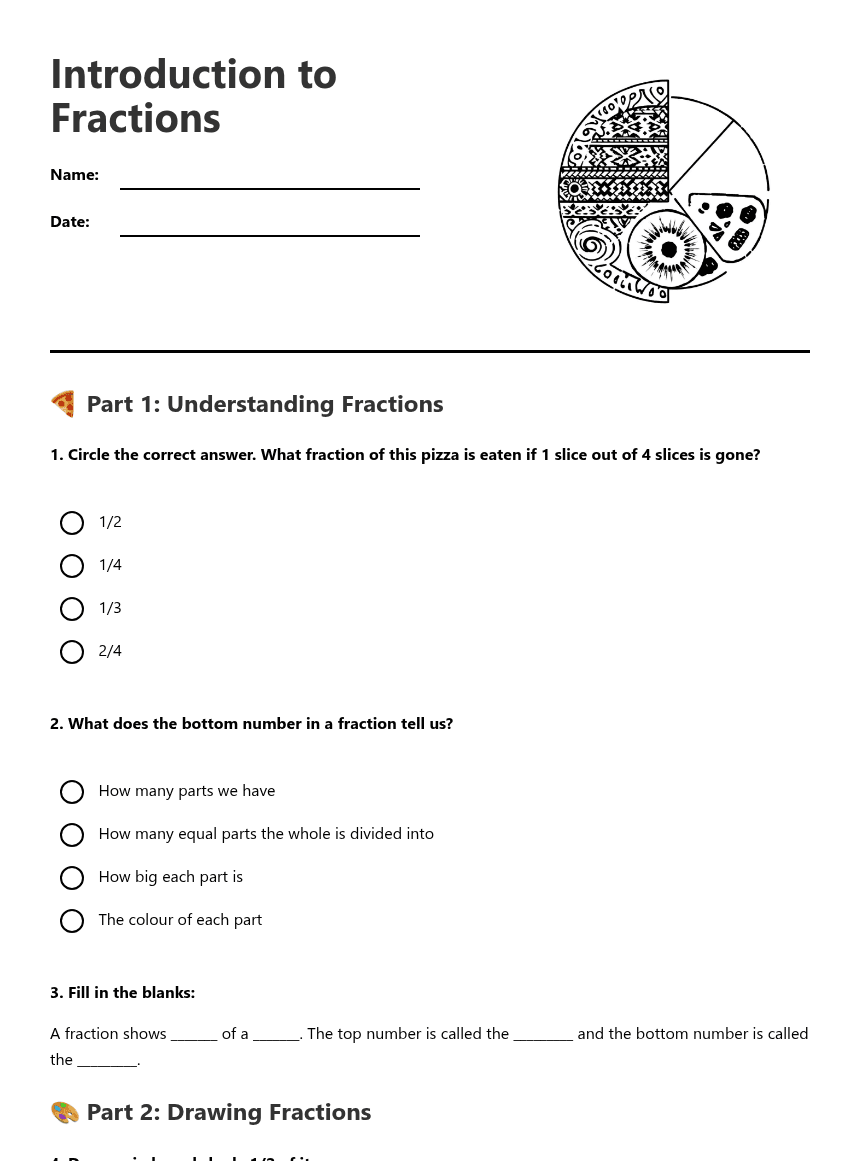 Introduction to Fractions worksheet preview