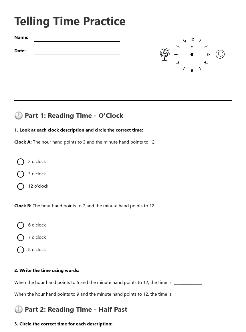 Telling Time Practice worksheet preview