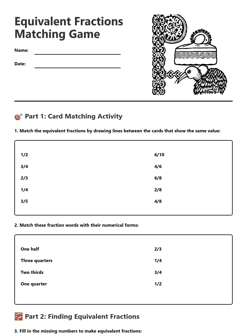 Equivalent Fractions Matching Game worksheet preview