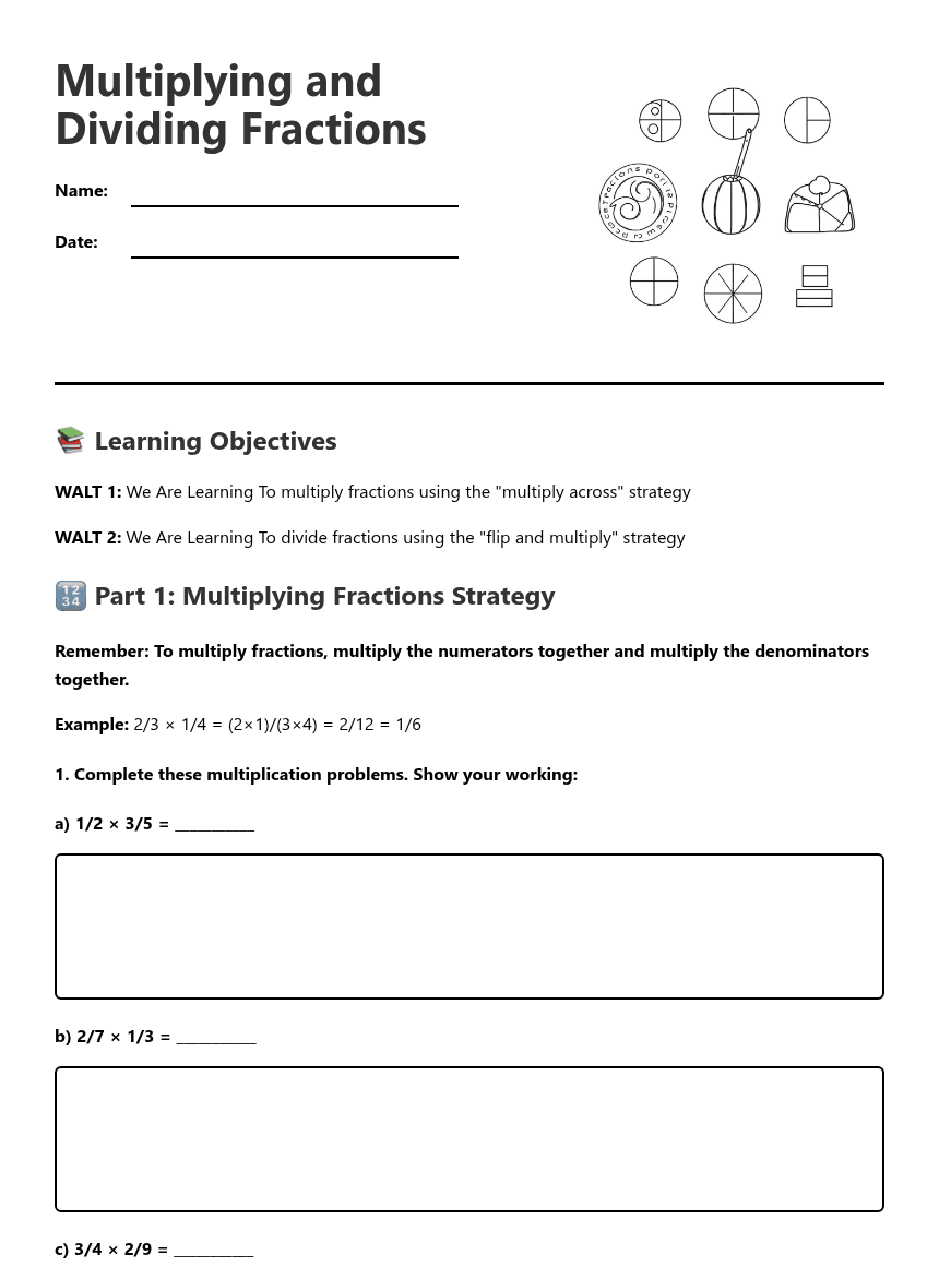 Multiplying and Dividing Fractions worksheet preview