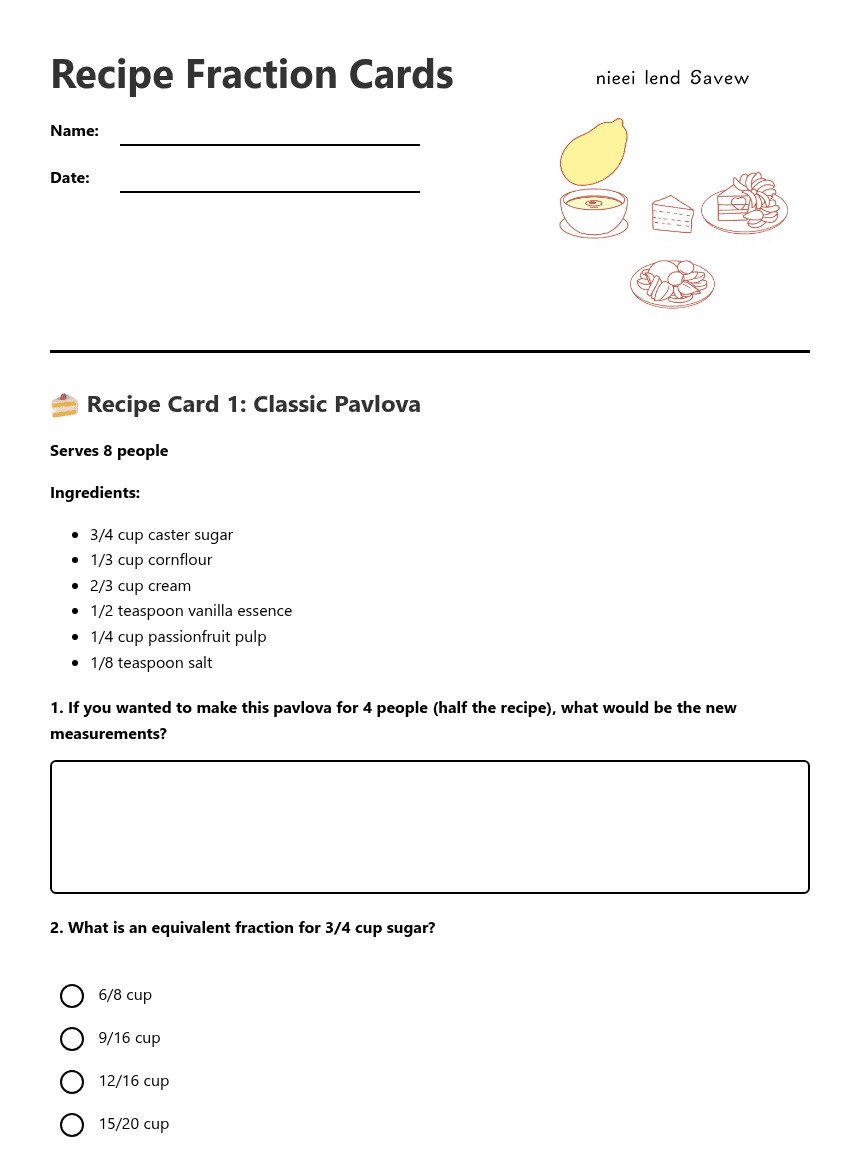Recipe Fraction Cards worksheet preview