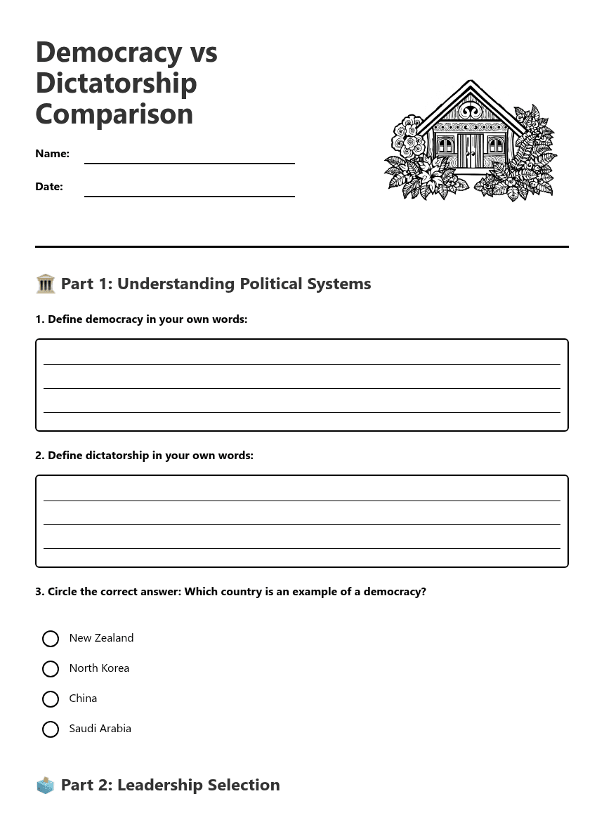 Democracy vs Dictatorship Comparison worksheet preview