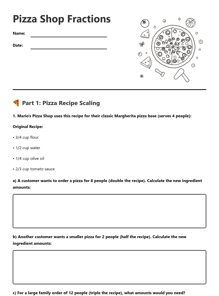Pizza Shop Fractions worksheet preview