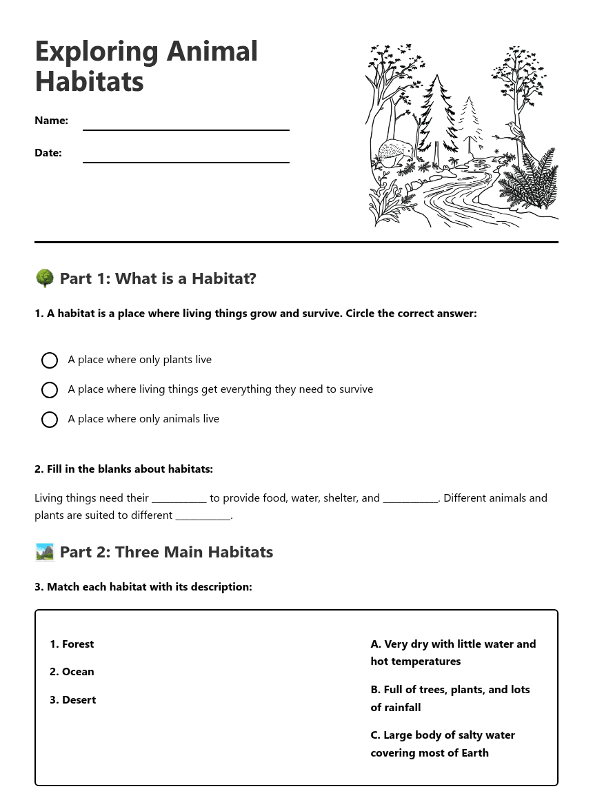 Exploring Animal Habitats worksheet preview