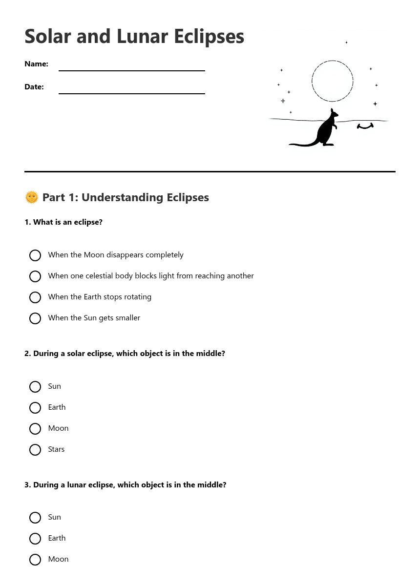 Solar and Lunar Eclipses worksheet preview