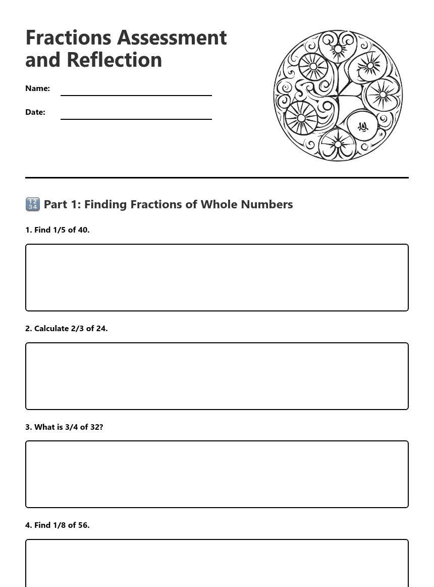 Fractions Assessment and Reflection worksheet preview