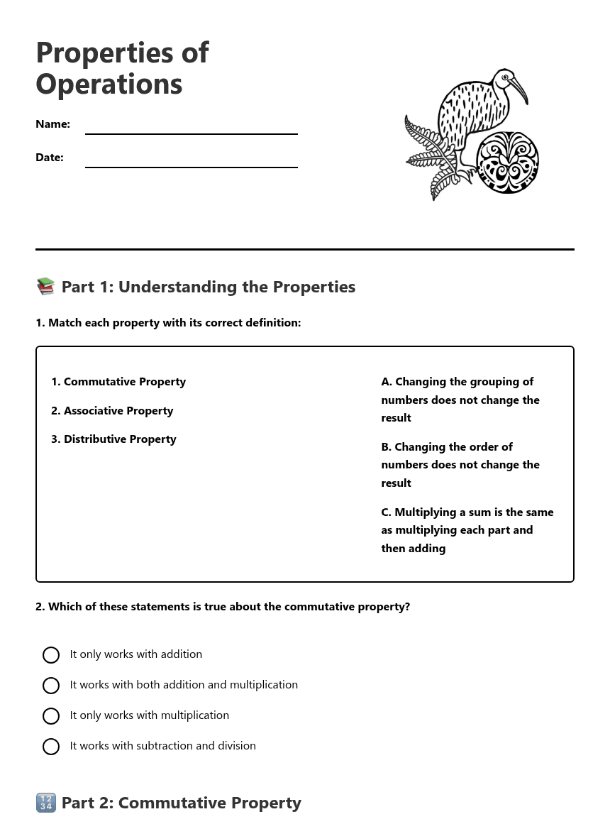 Properties of Operations worksheet preview
