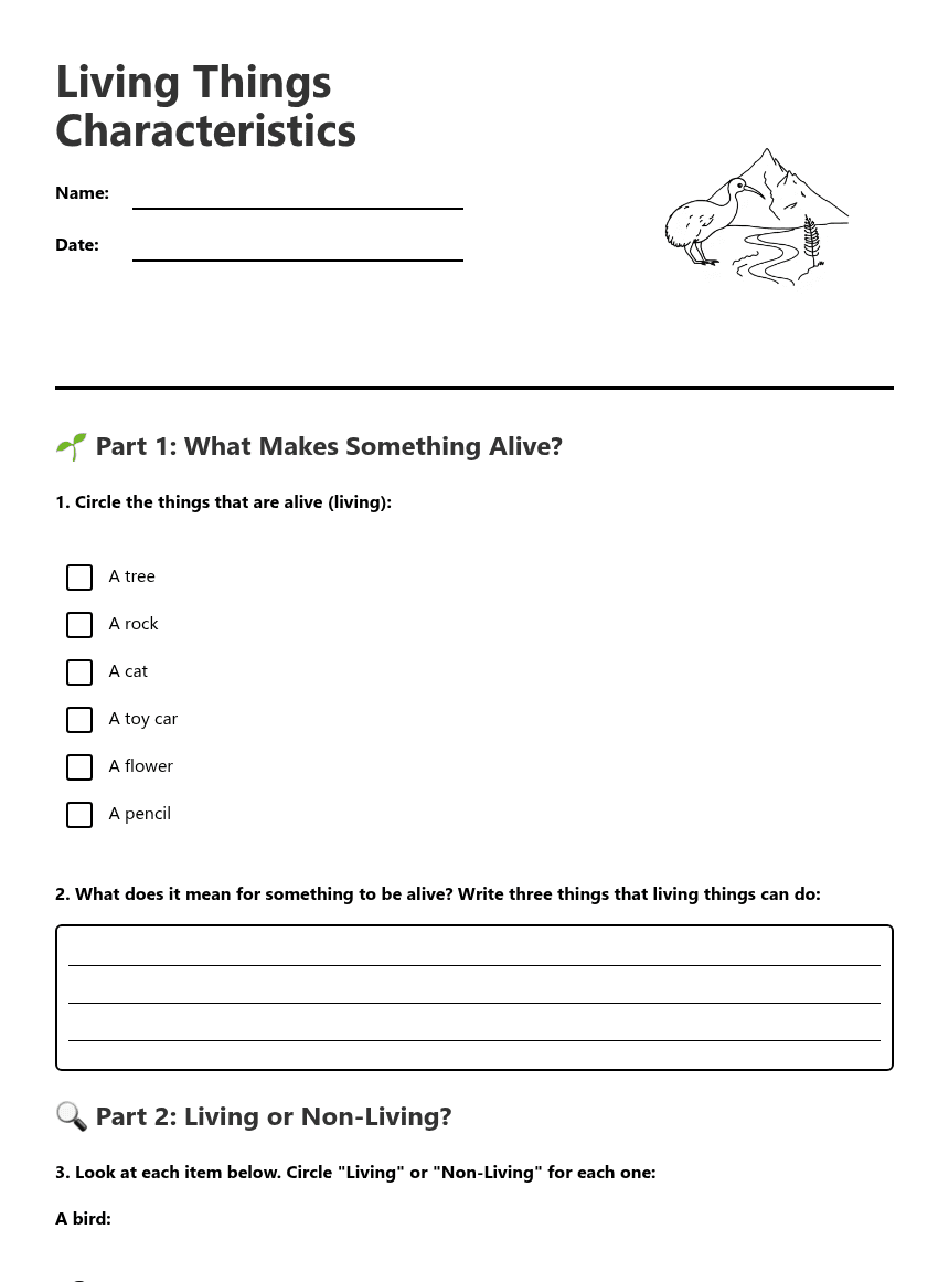 Living Things Characteristics worksheet preview