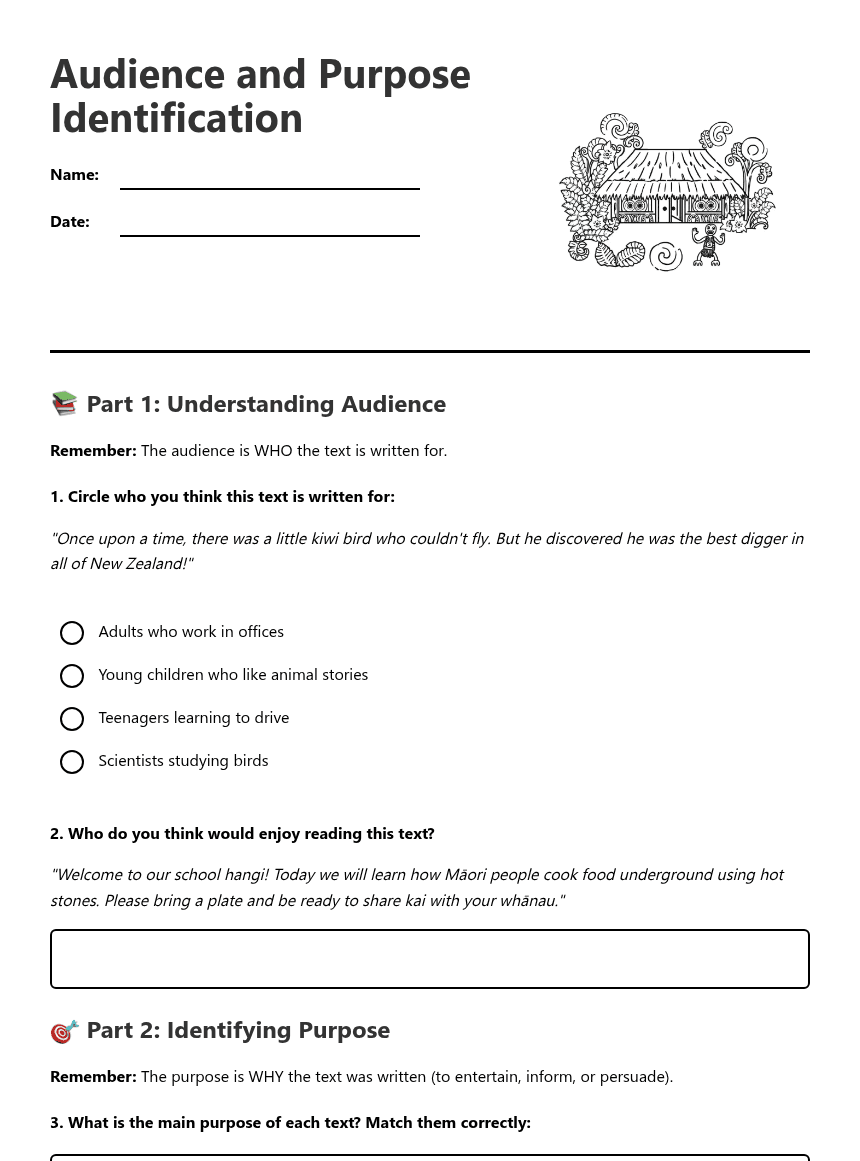 Audience and Purpose Identification worksheet preview