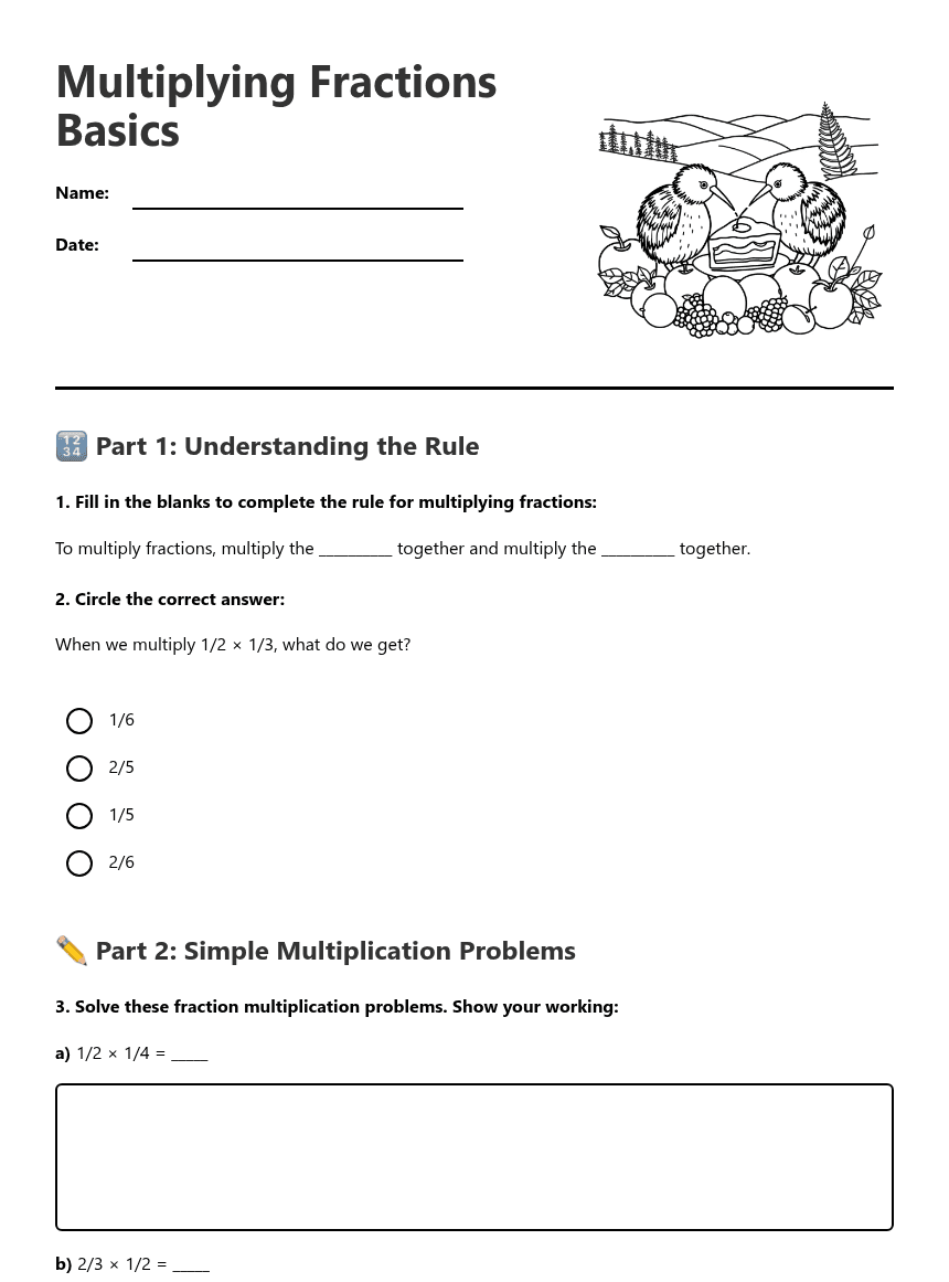 Multiplying Fractions Basics worksheet preview