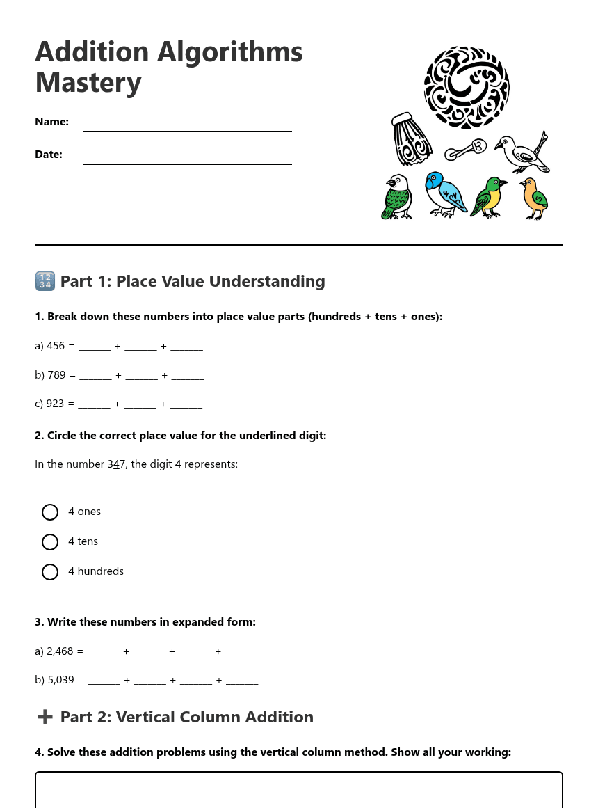Addition Algorithms Mastery worksheet preview