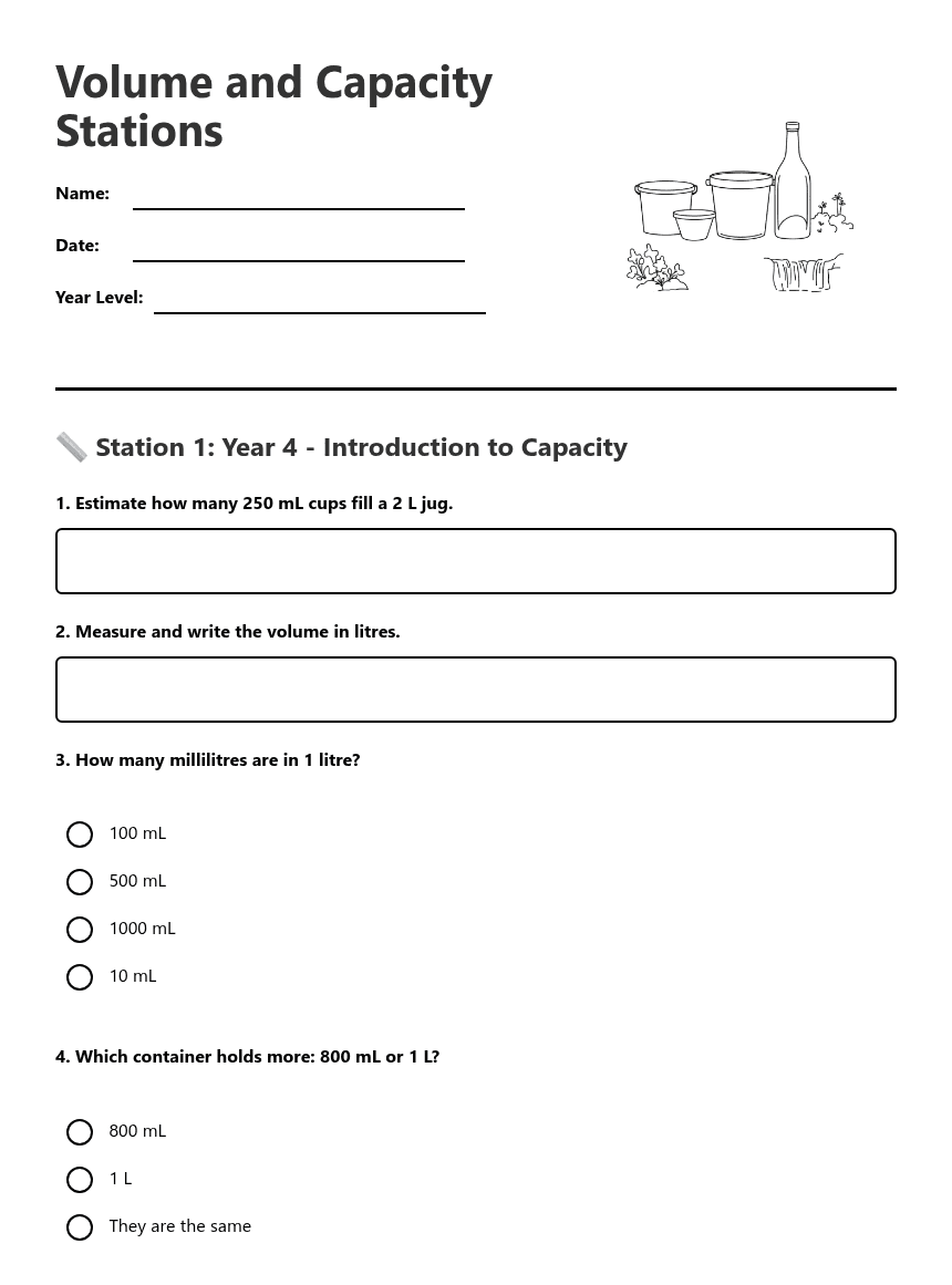 Volume and Capacity Stations worksheet preview