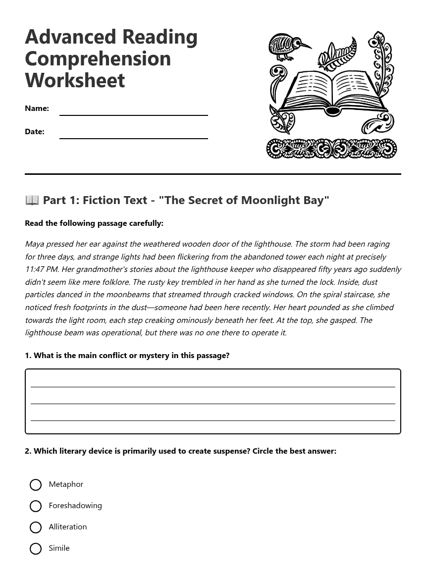 Advanced Reading Comprehension Worksheet worksheet preview