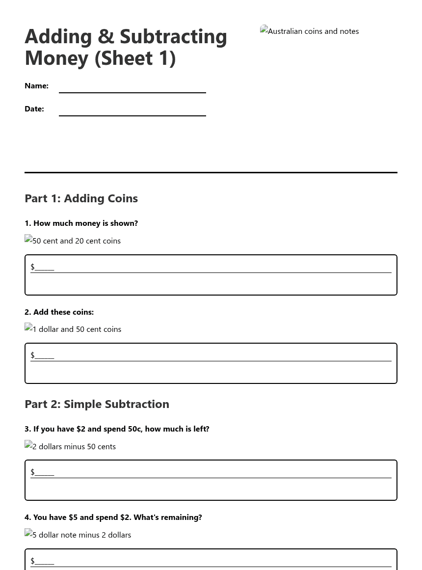 Adding & Subtracting Money worksheet preview