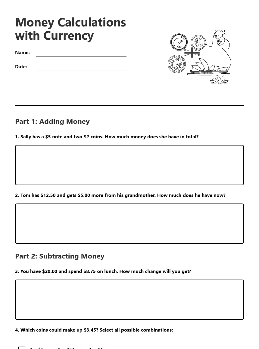 Money Calculations with Currency worksheet preview