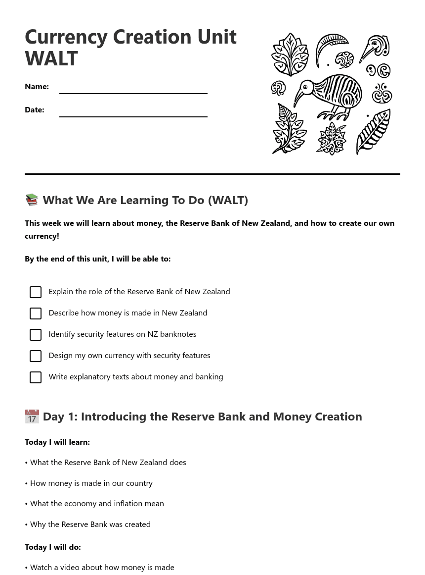 Currency Creation Unit WALT worksheet preview