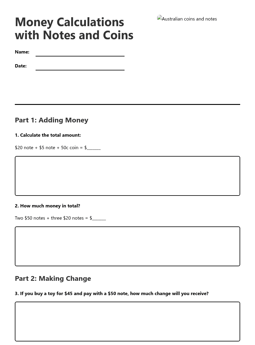 Money Calculations with Notes worksheet preview