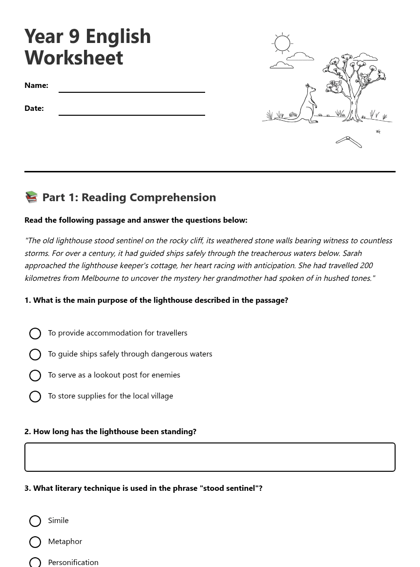 Year 9 English Worksheet worksheet preview