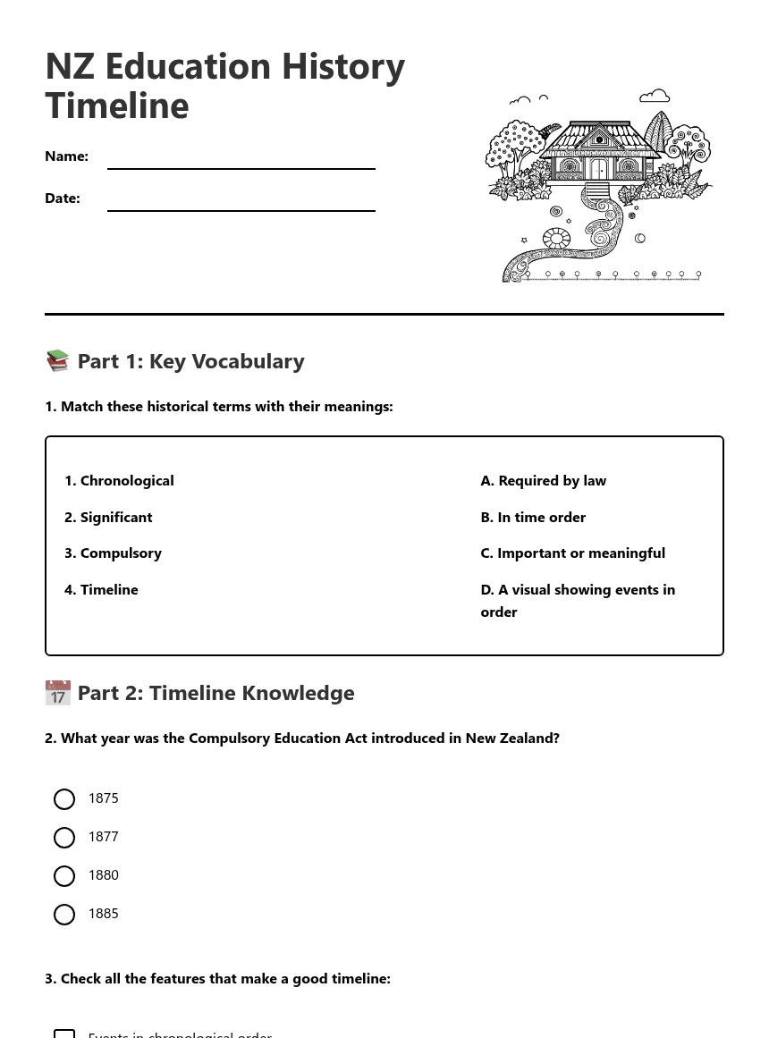 NZ Education History Timeline worksheet preview